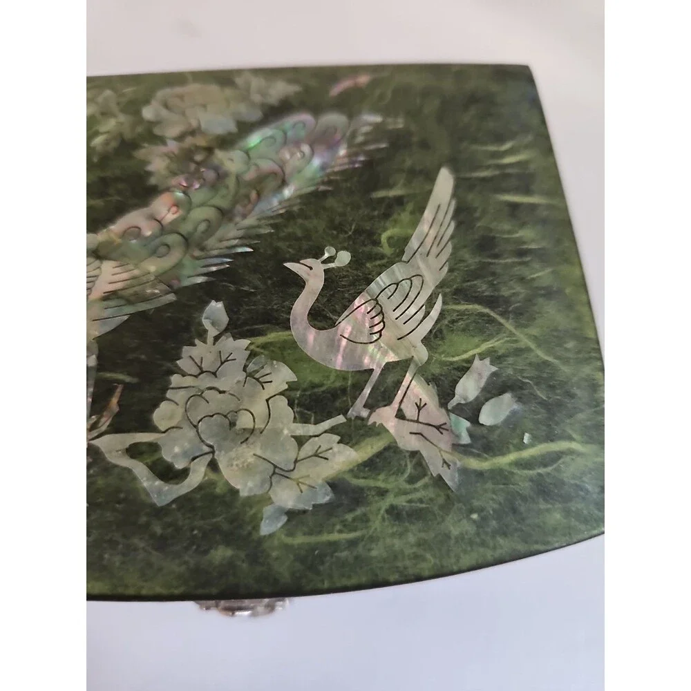 Vintage Korean Mother Of Pearl Lacquer Jewelry Box Peacock and Flower Inlay